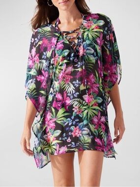 Tommy Bahama NWT Coastal Gardens Tunic Black Floral Swim Cover Up S/M Medium